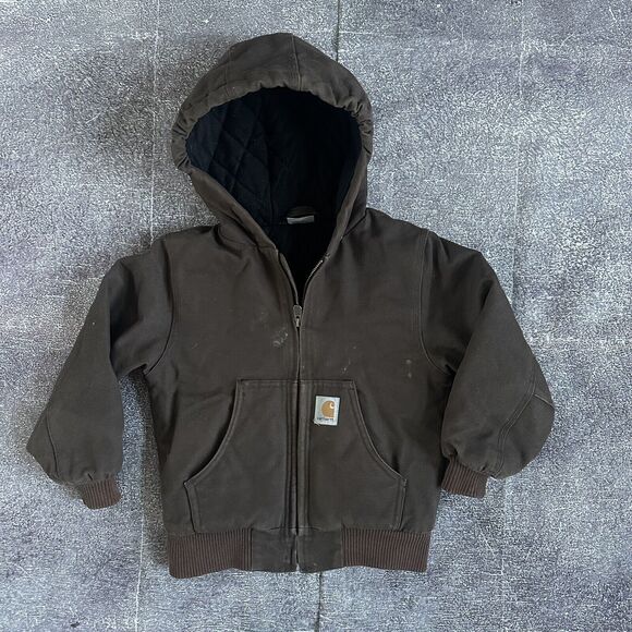 Boys Carhartt Flannel Quilt Lined Brown Active Zip Up Hooded Jacket Sz XXS (4-5)